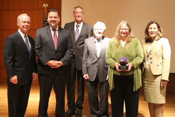 Alameda County Commissioner Sue Alexander holds the Benjamin J. Aranda III Access to Justice Award. Flanking her are Judicial Council, State Bar, California Judges Association and Supreme Court representatives.

