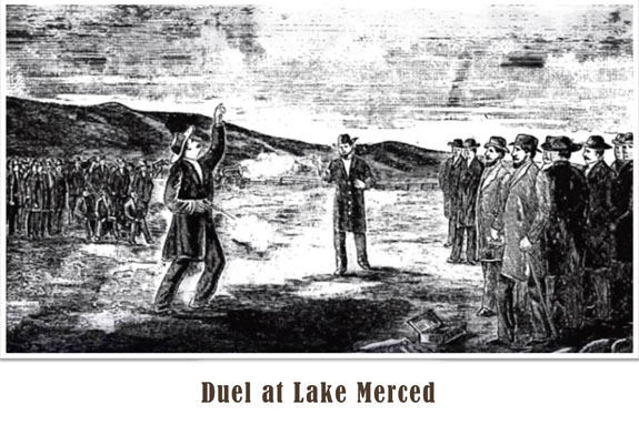 A depiction of the infamous duel between Sen. David C. Broderick and Justice David S. Terry.