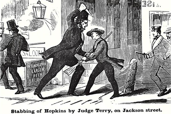 A drawing of Justice David S. Terry stabbing Vigilance Committee Sergeant-of-Arms Sterling Hopkins. The committee “arrested” Terry but released him two weeks later.