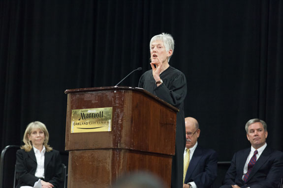 Speaker Barbara J.R. Jones, presiding justice of the Court of Appeal, First Appellate District, counsels the soon-to-be new members of the bar. <em>Photo by S. Todd Rogers</em>