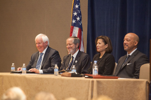 Jim Fox, David Pasternak, Chief Justice Tani Cantil-Sakauye and Eric Taylor on the dais for the swearing-in ceremony.  <em>Photo by S. Todd Rogers </em>