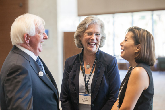 State Bar President Jim Fox, Senior Director of Education Pam Wilson and Chief Justice Tani Cantil-Sakauye share a laugh after Fox was sworn in as State Bar president last month. <em>Photo by S. Todd Rogers</em>